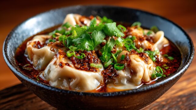 A bowl of flavorful dumplings served in a spicy sauce, garnished with fresh herbs and green onions, creating an inviting and appetizing dish that tempts the taste buds.
