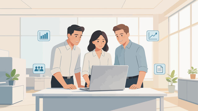 Office workers collaborating on laptop