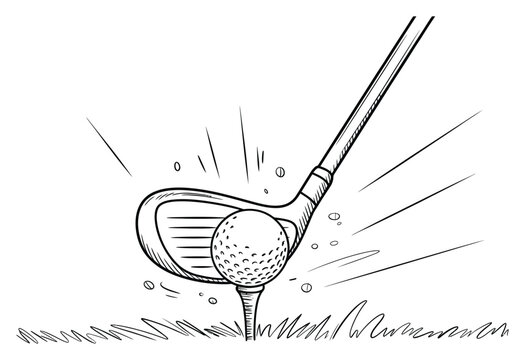 Hand-drawn of a golf club hitting a golf ball on a tee