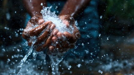 Fototapeta premium A close-up shot of hands cupping water, showcasing the beauty of nature and the refreshing essence of water while capturing a moment of connection with our environment.
