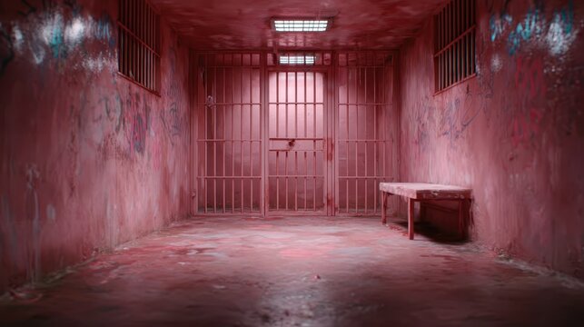 A stark red room features metal bars and graffiti, evoking a sense of confinement and isolation, provoking thoughts about freedom, emotions, and the human experience in captivity.