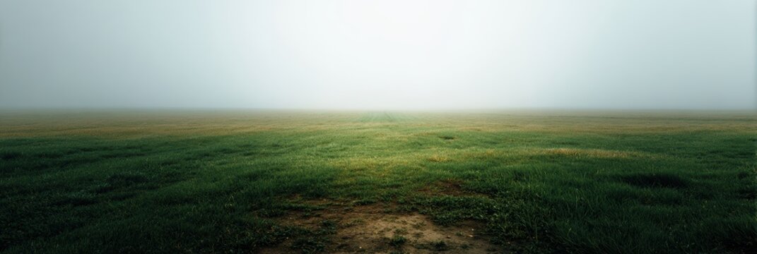 Serene Foggy Landscape Over Green Grass Field at Daybreak