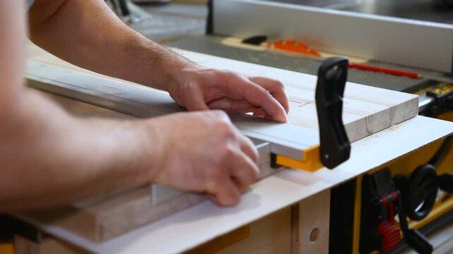 Close-up a carpenter in a carpentry workshop using a measuring triangle checking the angle for fixing the tool on the product . Carpentry, craftsmanship, handwork concept.