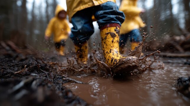 Three children wearing yellow raincoats and rubber boots splash in muddy water while exploring a forest, embodying joy and playfulness in a rainy day adventure.