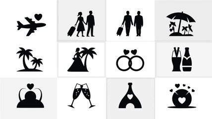 Black and white vector icons featuring travel romance and celebration themes including airplanes palm trees couples and champagne glasses © Tuli