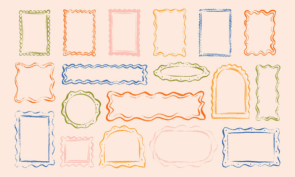 Crayon doodle scalloped edge frame set. Cute kid text box. Hand drawn squiggle wavy rectangle, oval, square, circle, arch shape boarder. Zigzag curvy crayon childish borders, picture, photo frames