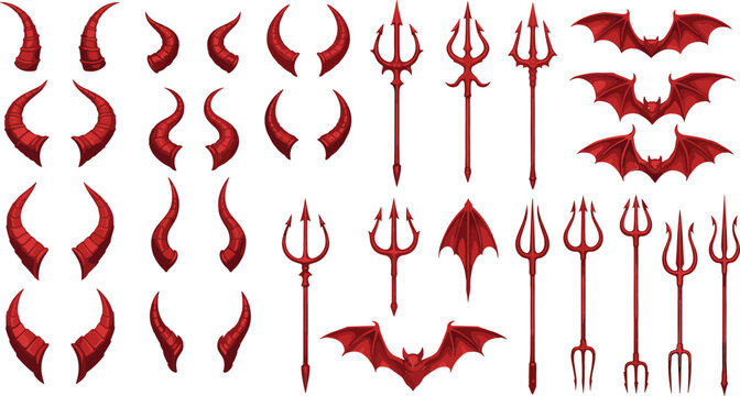 Devil Horns Wings and Tridents Collection with Red Demonic Elements Set for Halloween Fantasy Design Vector Illustration