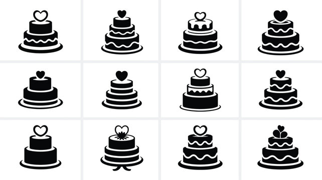 Black and white vector cake icons featuring twelve unique designs with heart shapes and layered tiers for weddings and celebrations