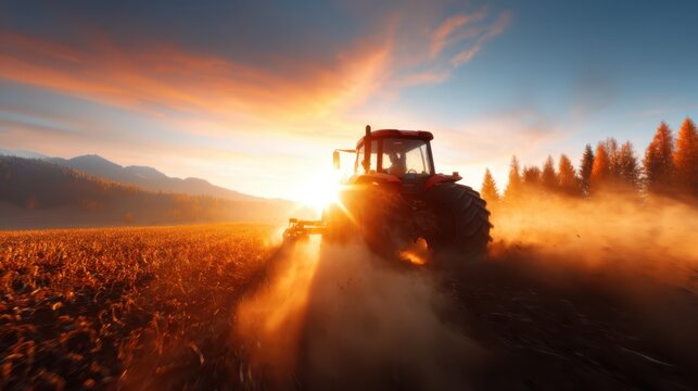 A powerful red tractor is seen working in a field at sunset, enveloped in golden light and dust, exemplifying the harmonious relationship between agriculture and nature.