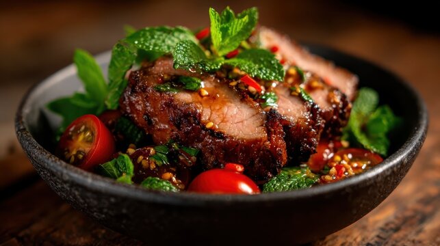 A beautifully plated dish featuring grilled meat surrounded by vibrant tomatoes and fresh mint leaves, showcasing an inviting blend of colors and textures indicative of gourmet cuisine.