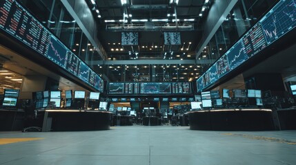 Fototapeta premium Modern Stock Exchange Interior with Multiple Trading Screens Displaying Data