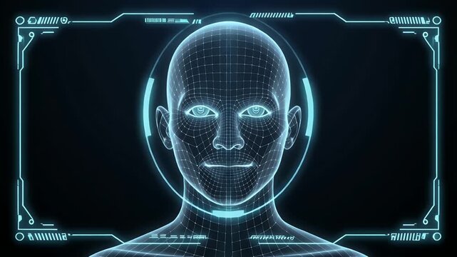 Futuristic humanoid face with neon blue outline in dark tech background