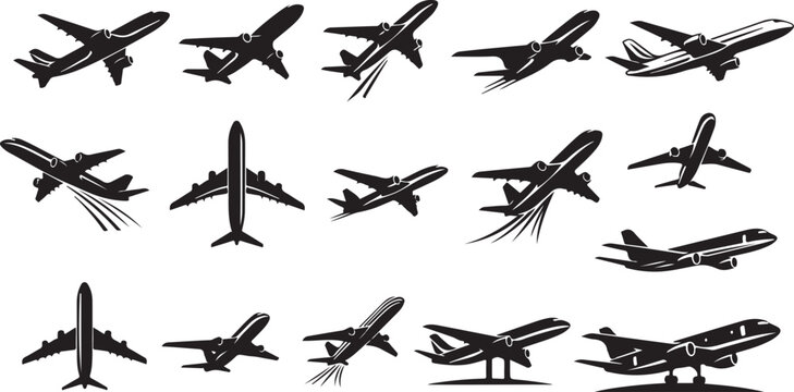 Collection of airplane silhouettes in various flight positions vector