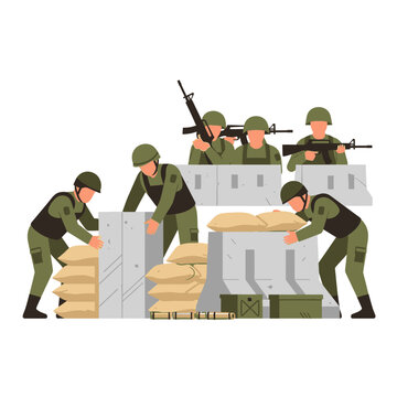 Soldiers Fortifying Position with Sandbags and Barriers