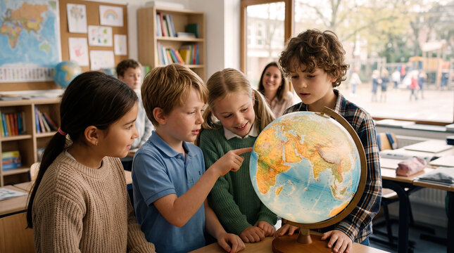 Vier Kinder lernen gemeinsam in einer Schulklasse und erkunden neugierig einen Globus. Sie zeigen auf verschiedene L&auml;nder und Kontinente, w&auml;hrend im Hintergrund weitere Sch&uuml;ler lesen und arbeiten.