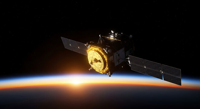 A satellite orbiting Earth with a glowing horizon at sunrise or sunset.