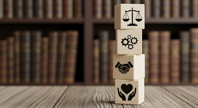 Stack of wooden blocks with icons representing justice, teamwork, partnership, and care, set against a backdrop of bookshelves.