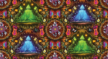 Obraz premium Glowing pyramids stand within intricate circular mandalas featuring decorative tribal patterns and mystical symbols.