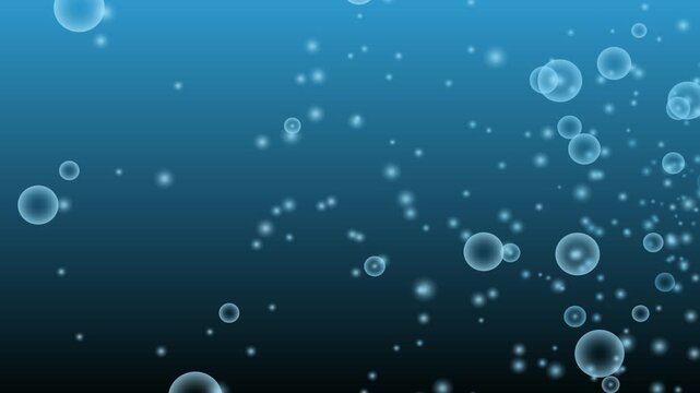 Blue bubbles and particles floating in deep blue water. Blue bubbles concept. Blue bubbles underwater motion.
