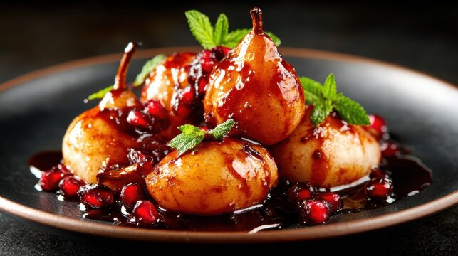A delectable arrangement of poached pears presented beautifully on a plate, drizzled with rich syrup and garnished with pomegranate seeds and mint leaves.