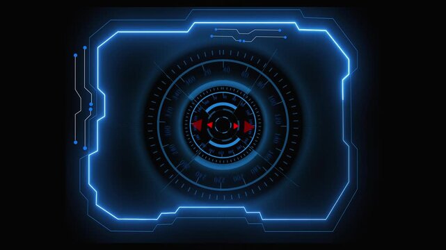 Advanced blue neon HUD frame with circular targeting display. Neon HUD frame concept. Neon HUD frame targeting control.