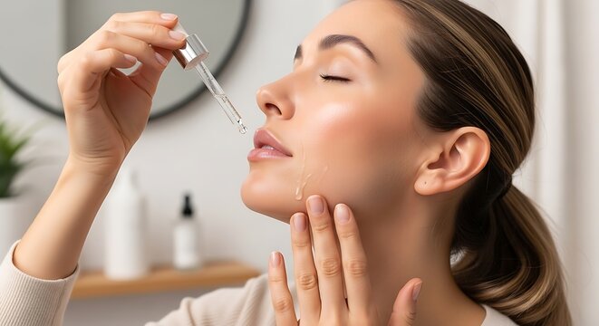 Woman applying facial serum with a dropper to her skin, showcasing a self-care routine