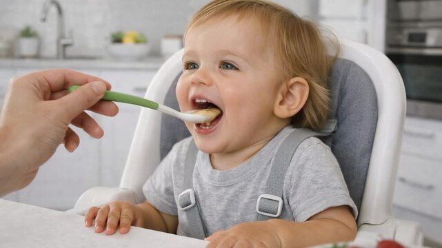 A toddler sits in a high chair while being fed with a spoon in a home kitchen, showing child nutrition, parenting, mealtime routine, and family care.