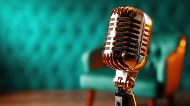 A gleaming vintage microphone stands ready on a stylish background, symbolizing creativity, performance, and the timeless art of music and communication.