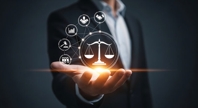 A businessman holds a glowing icon of scales of justice, symbolizing legal services and business law.