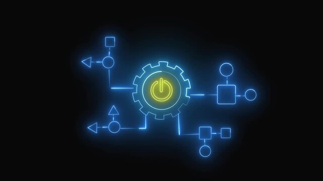 Neon flowchart with power button gear and connected icons. Flowchart power gear concept. Flowchart power gear control system.