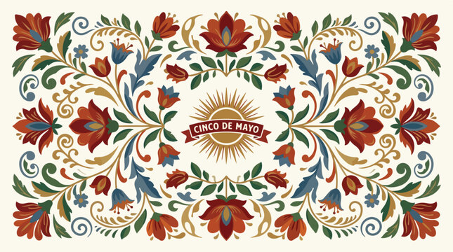 Mexican Cinco de Mayo Celebration Background with Traditional Folk Art Floral Pattern and Sun Emblem for Cultural Holiday Greeting Card and Festive Decoration