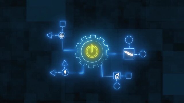 Neon flowchart with power button gear and diverse icons. Flowchart power gear concept. Flowchart power gear process network.