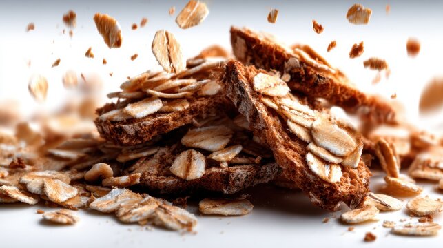 A dynamic presentation of crunchy oat biscuits and flakes explosively arranged against a white background, emphasizing texture and wholesome snacking in a modern culinary style.