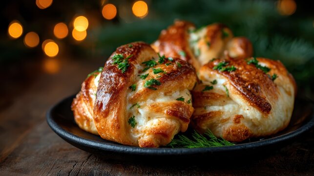 Savor the flaky, golden-brown pastries topped with fragrant herbs, perfect for a delightful snack or appetizer that appeals to both the eyes and taste buds.