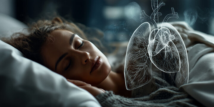 Peaceful woman asleep with virtual lung imaging and health data overlays in quiet bedroom