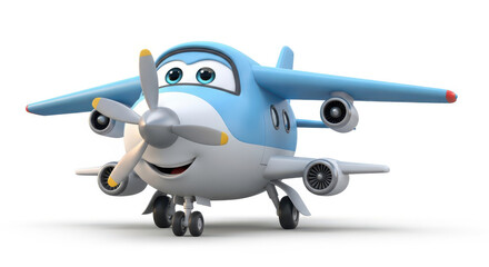 Fototapeta premium Cute blue cartoon airplane with smiling face and big eyes isolated on transparent background transparent background