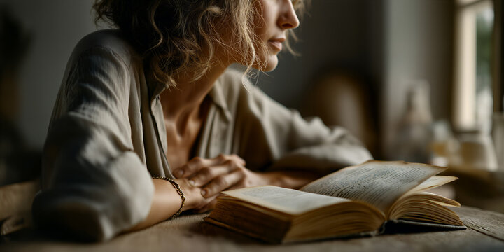 Woman reading contemplatively. Serene scene of woman jotting notes in cozy morning ambiance