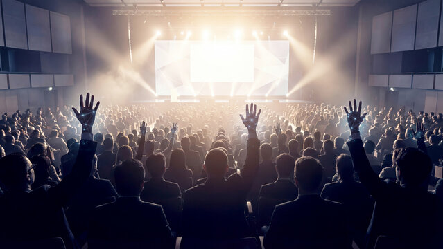 Conference Hall Audience Raising Hands Under Warm Spotlights
