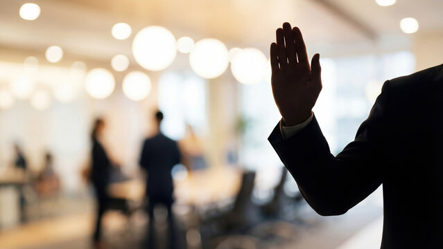 Businessman Silhouette Raising Hand in Bright Office Meeting