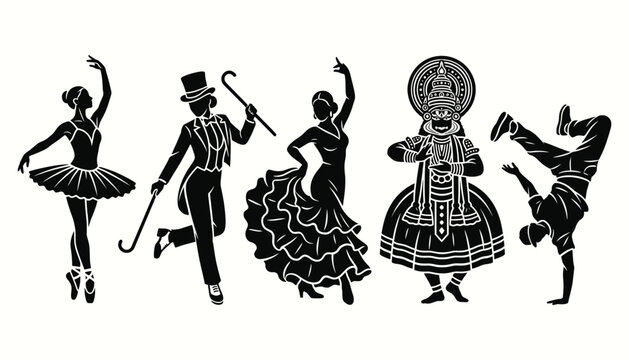 Vintage Commedia dell'arte character set in black and white silhouette style