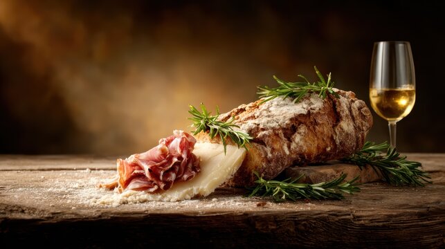 A rustic bread loaf paired with thin slices of prosciutto and a glass of white wine creates a gourmet dining experience, highlighting the beauty of simple yet flavorful ingredients.