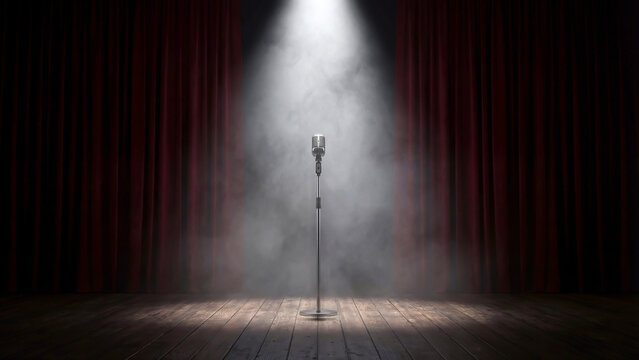 Vintage Silver Microphone on Empty Stage with Red Curtains