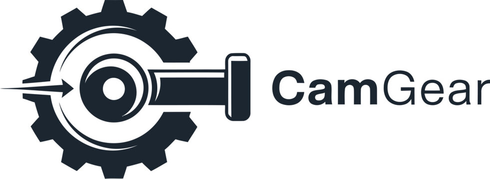 A logo for CamGear featuring a gear and piston on a white background