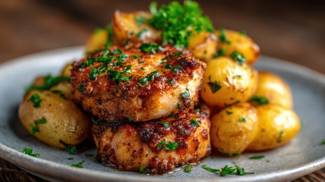 Savory fish cakes paired with crispy baby potatoes, garnished with fresh parsley, offering a delightful meal that combines texture and flavor.
