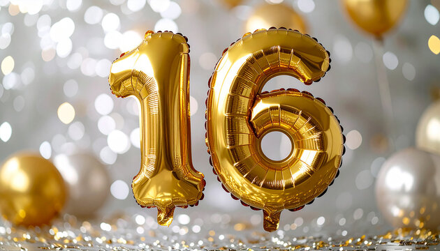Golden balloon number 16, anniversary celebration banner, floating glossy metallic balloon, blurred silver glitter background, festive party