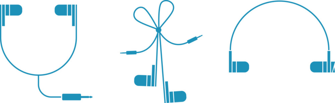 Music wired headphones, knotted headphones, music and technology, electronic gadgets, earplugs, hearing aids, headphone jack, music listening icons