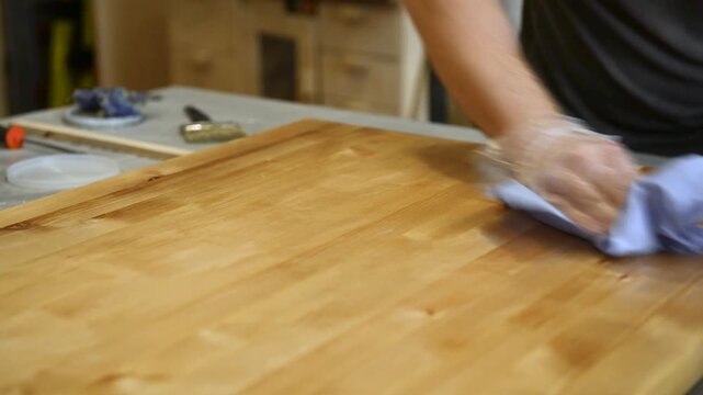 Master carpenter, Applying natural oil on natural wood product. Hand applying wood protection oil on boards with rags. Hand applying wood protection piece in gold color with rags, indor.