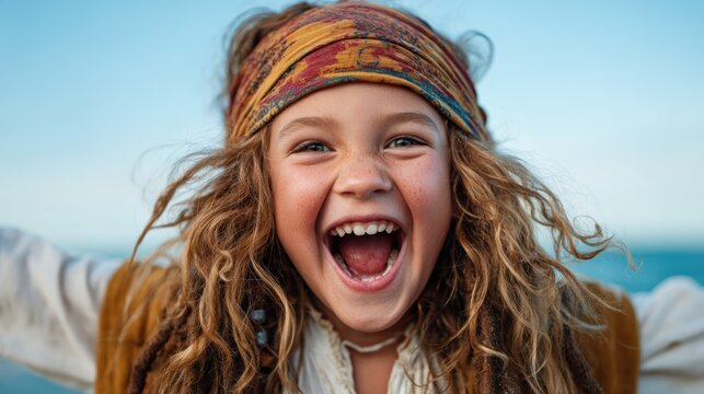 A cheerful young girl dressed as a pirate, with a colorful headband, smiles joyfully at the camera, embodying adventure, imagination, and the carefree spirit of childhood playfulness.