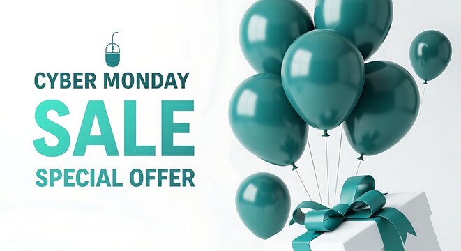 Cyber monday sale announcement with teal balloons and festive decorations