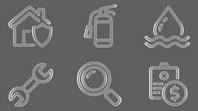 Six frosted glass home service icons for security and maintenance tasks are presented in two rows on a dark grey background.